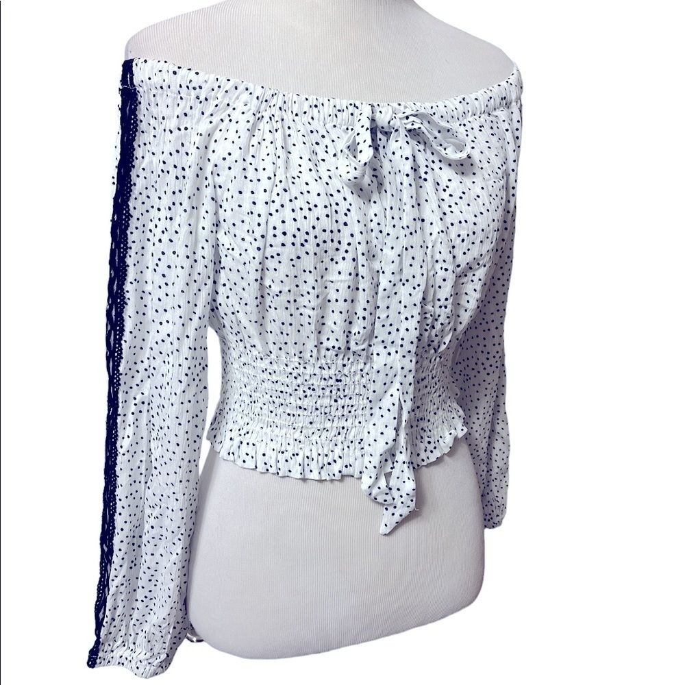 White with black dots cropped off shoulder long sleeve top, new